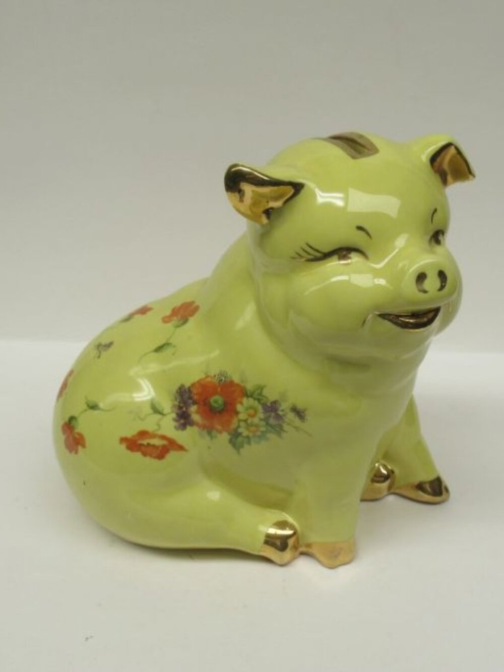 Vintage Regal China Yellow POPPY PIG 6 1/2 Inch High Piggy Bank, Gold Trim